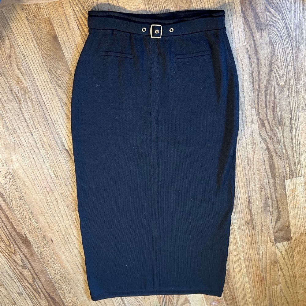 St. John Sport Marie Gray Black Wool Knit Belted Pencil Midi Skirt Size S